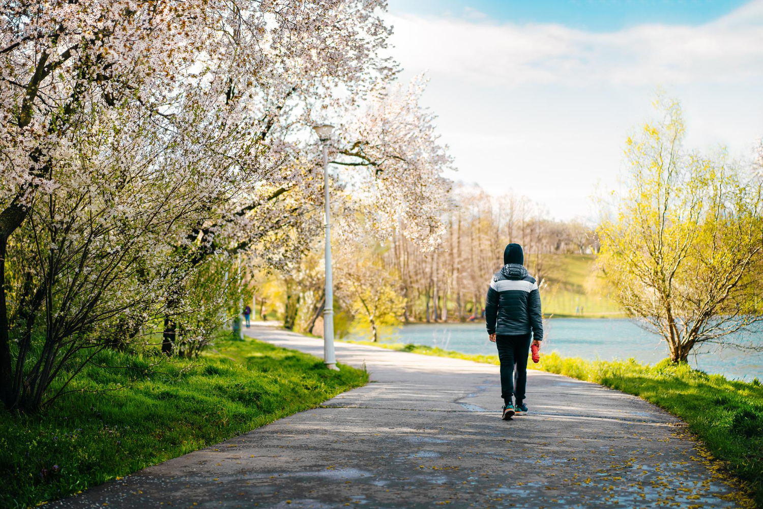 Person walking along a peaceful outdoor trail for mindful movement